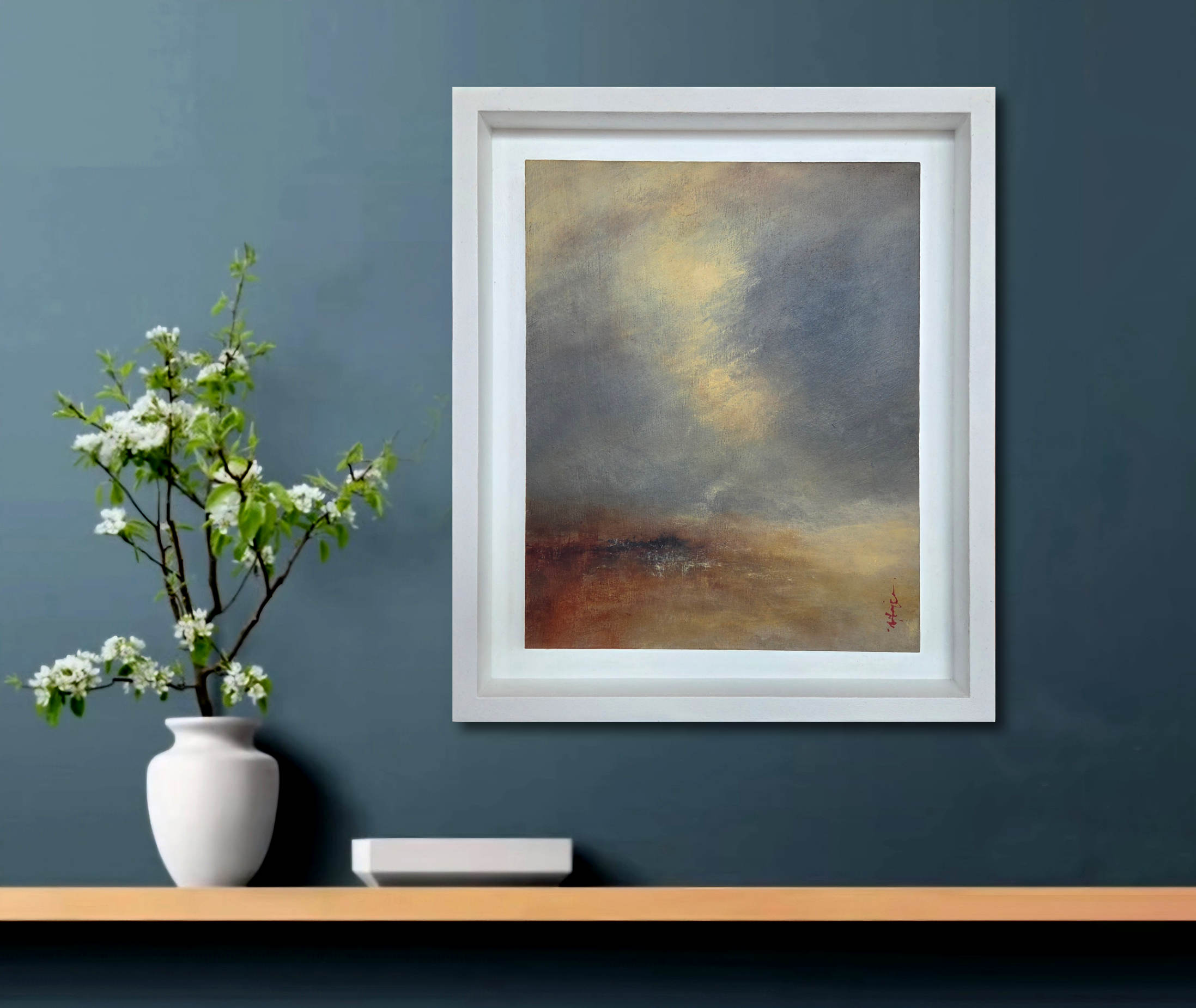 Haguier - Heure suspendu, 12x10, peinture sur bois cadre flottant large - paysage peinture paysage romantique atmospherique Francois Haguier / peinture paysage romantique abstrait atmospherique