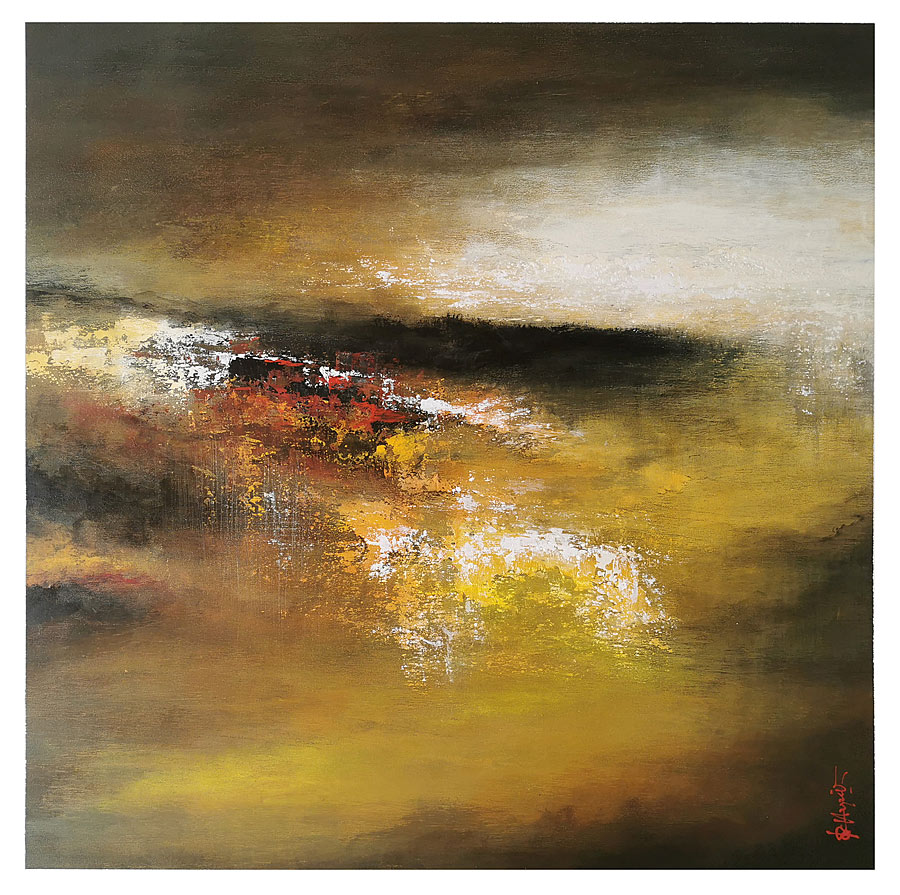 Francois Haguier/abstraction paysage automne acrylique panneau de bois